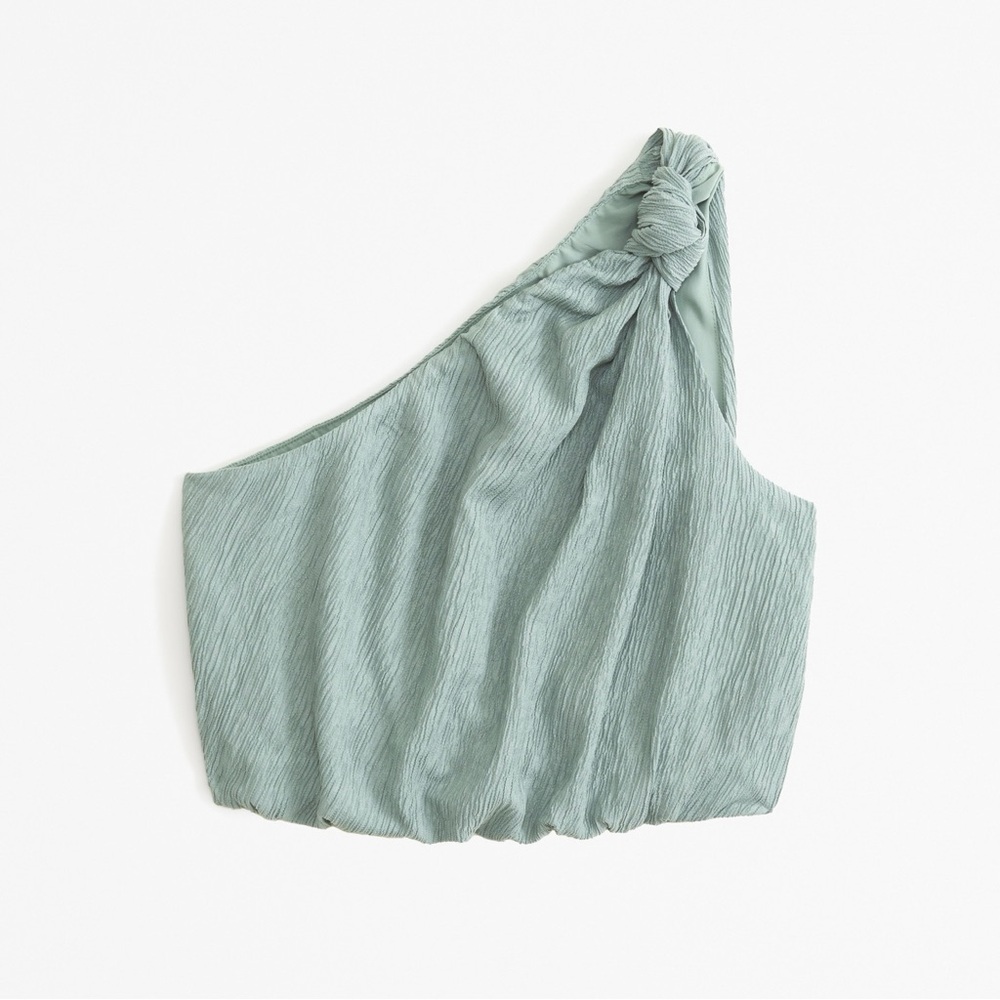 A&F one-shoulder cropped crinkle top sage medium